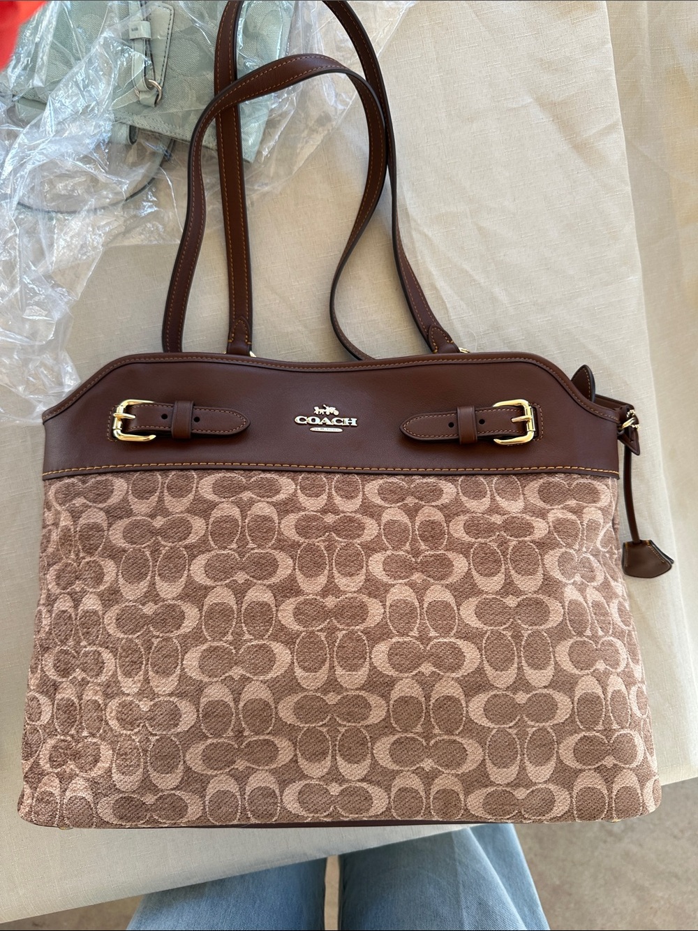 COACH Tan and Brown Signature Shoulder Tote
